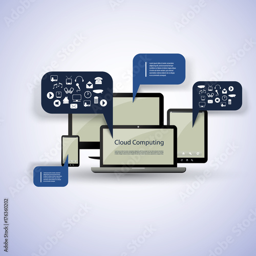 Colorful Cloud Computing Concept Design with Mobile Devices, Speech Bubbles and Icons in Editable Vector Format 