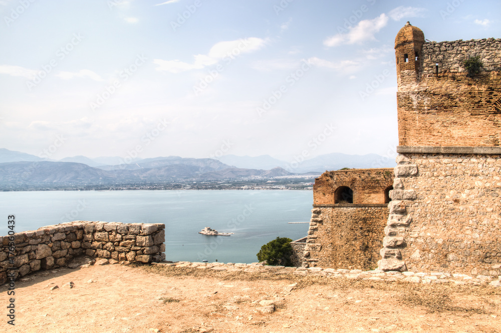 The magnificent Palamidi castle on a hill in the center of the ancient city Nafplio in Greece
