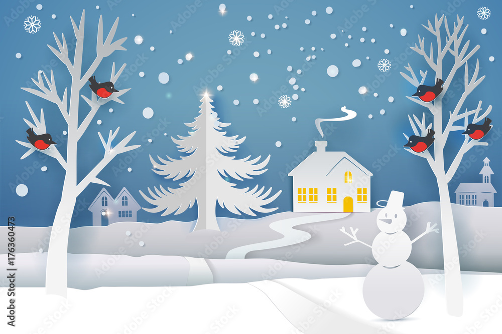 Paper cut and craft winter landscape with evergreen tree, house, snowman, moon and snowflakes. Holiday nature and christmas tree. Web banner. Vector illustration. Merry Xmas. Outdoor design