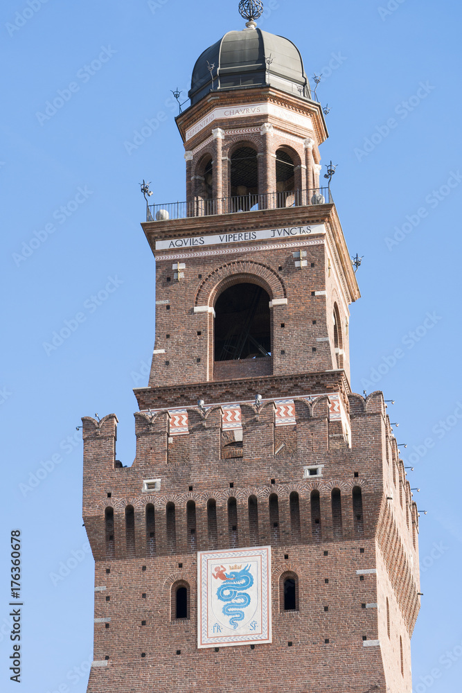 Detail of the tower of Sforza castle in Milan, Italy