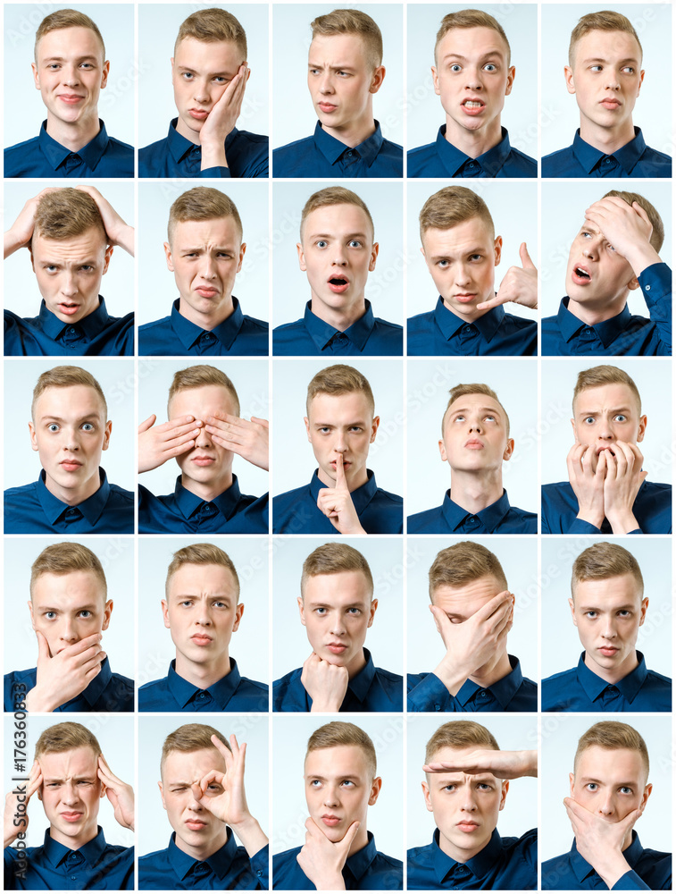 Set of young man's portraits with different emotions and gestures Set of young man's portraits with different emotions and gestures
