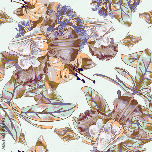 Fototapeta Naklejka Na Ścianę i Meble -  Bright Summer Iris Vector Seamless Pattern