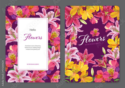 Fototapeta Naklejka Na Ścianę i Meble -  Beautiful pink and yellow alstroemeria lily flowers with lilies on purple background. Vector set of blooming floral for wedding invitations and greeting card design. 
