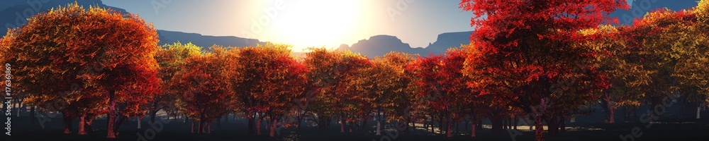 Autumn in the mountains, a panorama of autumn trees against the background of mountains