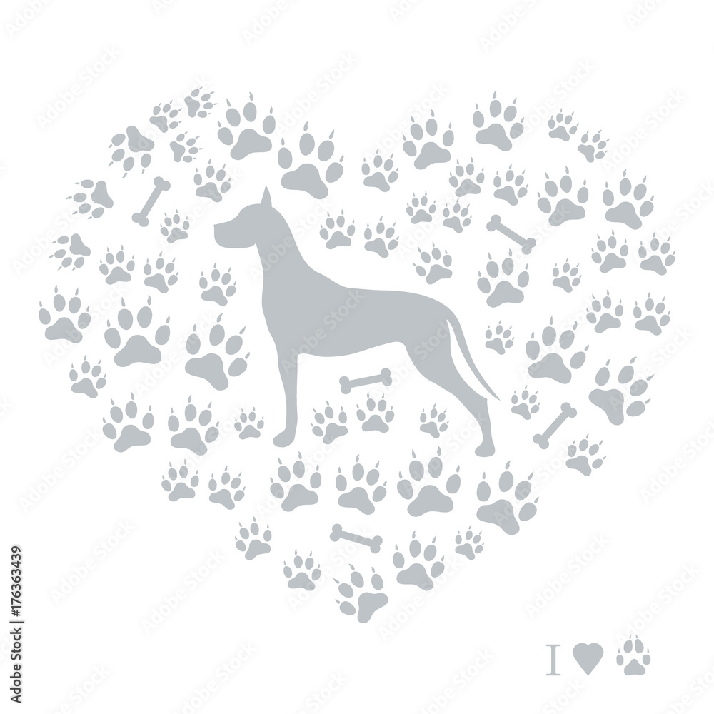 Nice picture of great dane silhouette on a background of dog tracks and bones in the form of heart.