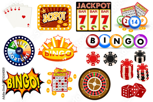 Casino gambling win luck fortune gamble play game objects risk chance icons success vegas roulette gaming vector illustration.