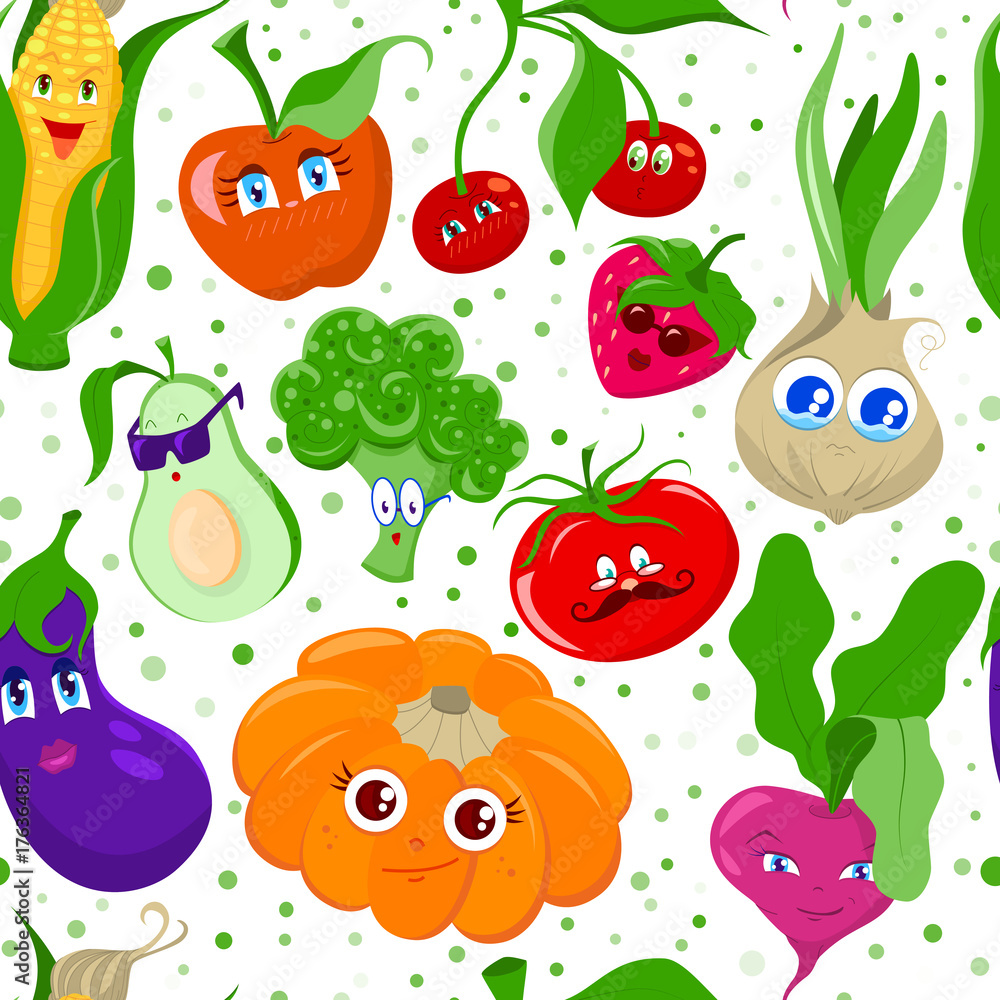 Seamless pattern with funny cartoon fruit and vegetables. Texture for  wallpapers, textile design, web page backgrounds Stock Vector | Adobe Stock