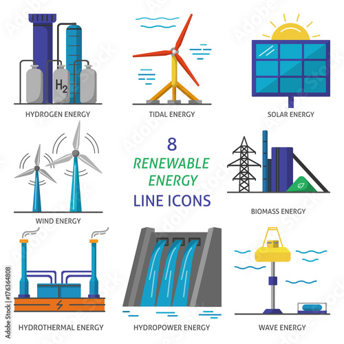 Set of renewable energy flat style icons