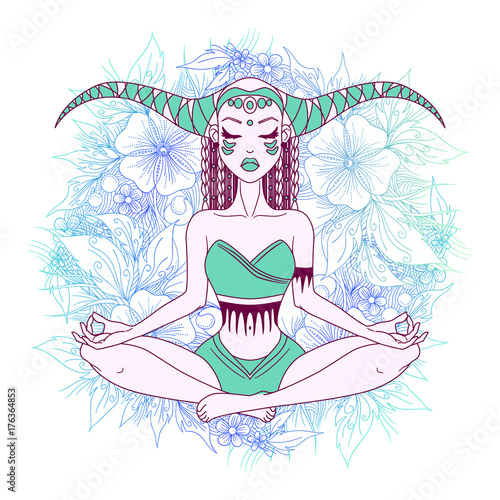 Girl meditating  doing yoga  graphic vector illustration design on floral background