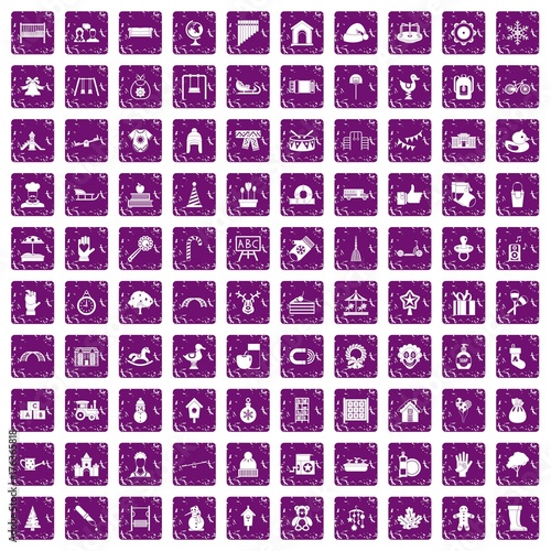 100 kindergarten icons set grunge purple