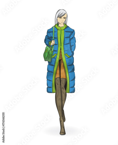 Autumn-winter 2018. Lovely girl in a coat, with a bag on a white background. Vector illustration.