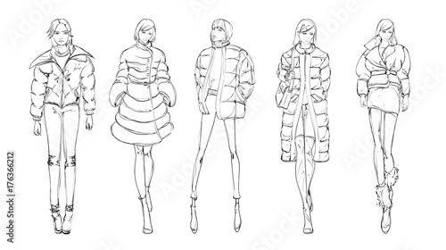 A set of fashionable sketches. Autumn-winter 2018. Fashionable girl on a white background.