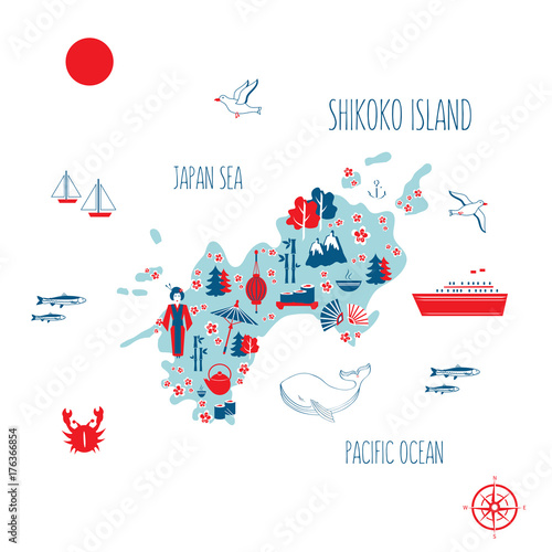 Japan cartoon travel map, vector illustration Shikoku island, japanese symbols sakura flower, umbrella, fan, traditional food sushi, salmon, tea, bamboo, kimono, touristic icons for design advertising