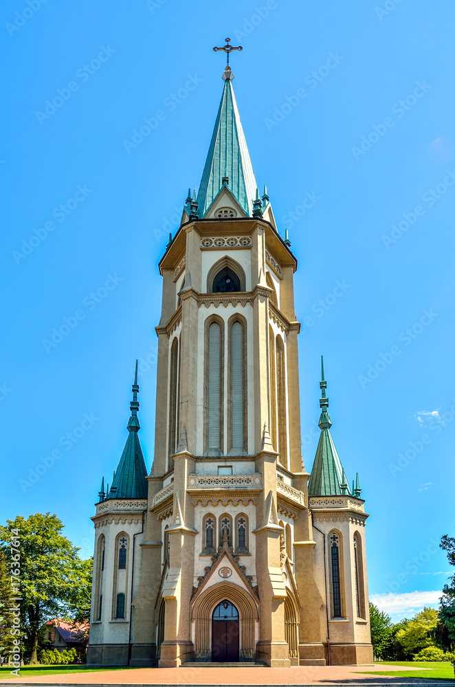 Beautiful historic church. Parish of the Blessed Trinity in Wilamowice in Poland.
