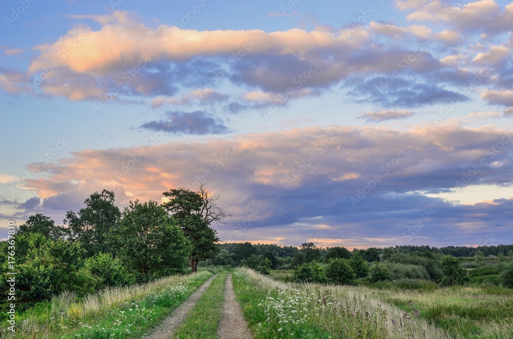Beautiful summer landscape. Rural road among green grasses and beautiful colorful sky in the background. Beautiful summer landscape. Rural road among green grasses and beautiful colorful sky in the background.