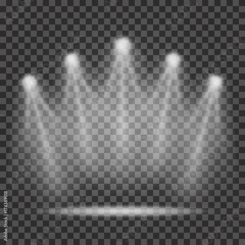 Spotlights with light beams on transparent background. Realistic spotlights for scene lighting. Transparent light effect