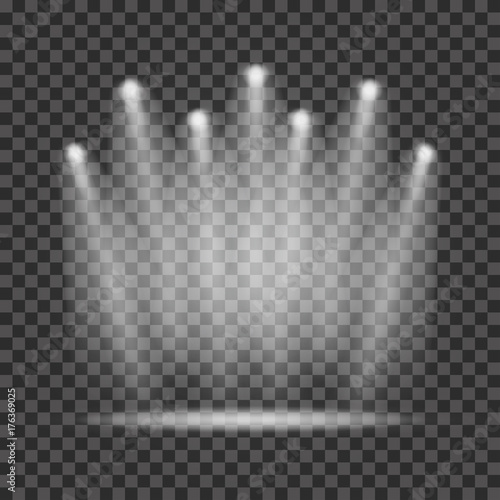 Spotlights with light beams on transparent background. Realistic spotlights for scene lighting. Transparent light effect