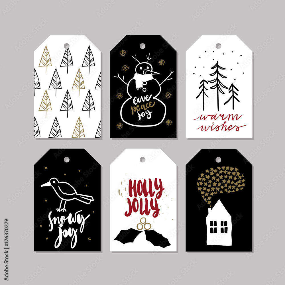 Fototapeta premium Set of doodle Christmas greeting tag. Vector hand drawn cute icons. Scandinavian style. Xmas tree, house, snowman, bird, holly jolly and lettering. New Year scrapbooking. Holiday festive party.