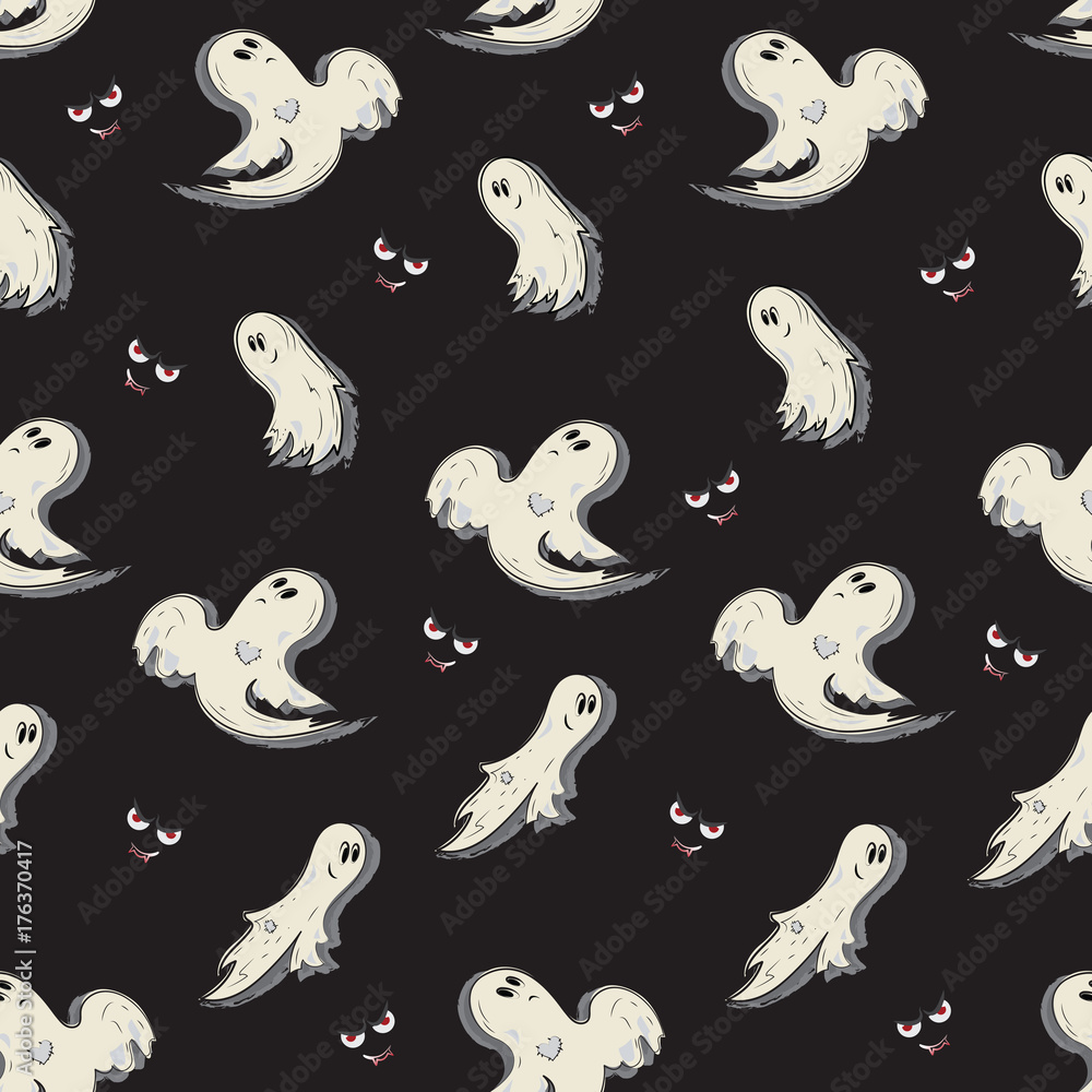 Night ghosts. Halloween. Seamless pattern with ghost cartoon on a black background. Background image for decorating textiles, ceramics, gift wrapping. Design for printing on fabric or paper. Night ghosts. Halloween. Seamless pattern with ghost cartoon on a black background. Background image for decorating textiles, ceramics, gift wrapping. Design for printing on fabric or paper.