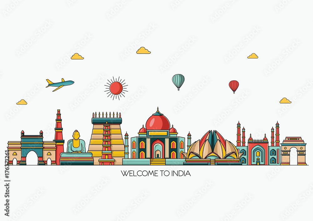 India detailed skyline. Travel and tourism background. Vector background.  Line art style Stock Vector | Adobe Stock