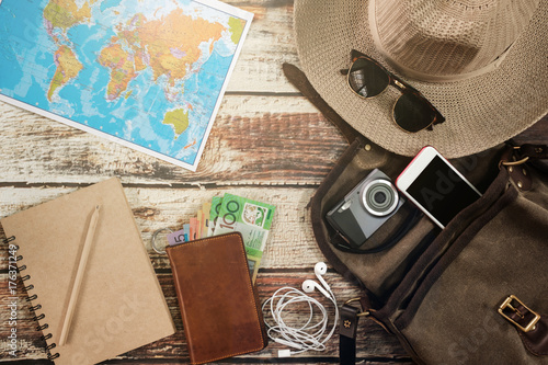 Traveler items vacation travel accessories holiday long weekend day off travelling stuff equipment background view concept