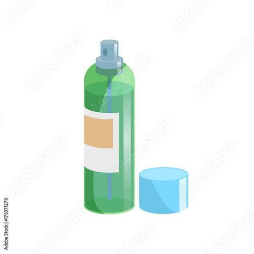 Cartoon style simple gradient hair spray fixation icon. Open green transparent container with blue cap. Hair care and styling accessory vector illustration.