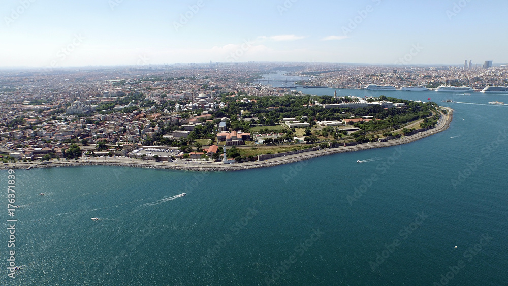 Aerial View of Istanbul, Hagia Sophia and Blue Mosque