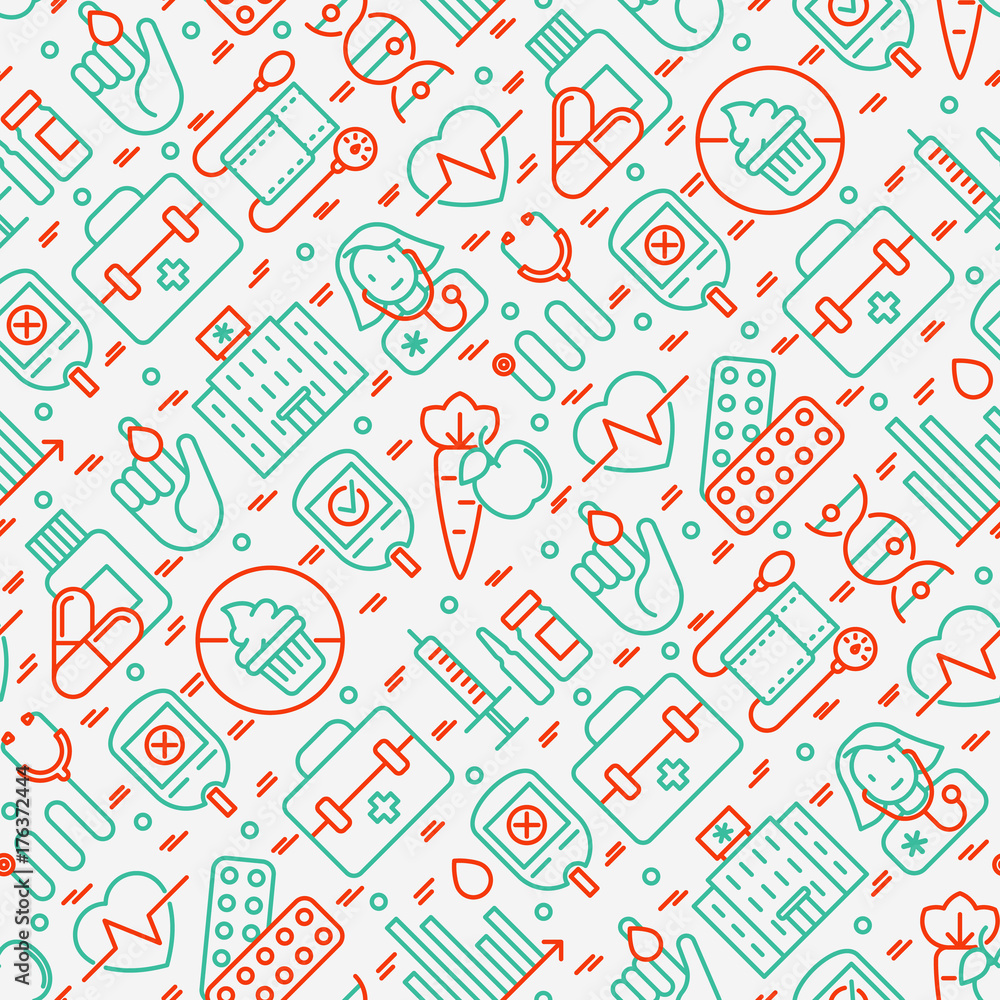 Diabetes seamless pattern with thin line icons of symptoms and prevention care. Vector illustration for background of medical survey or report, for banner, web page, print media.