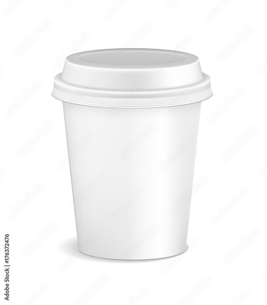 Blank white realistic coffee cup mockup isolated on white background. Latte, mocha or cappuccino plastic container cup for cafe. Vector illustration Blank white realistic coffee cup mockup isolated on white background. Latte, mocha or cappuccino plastic container cup for cafe. Vector illustration