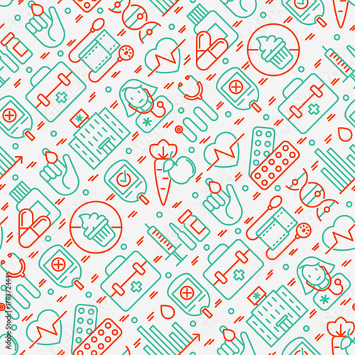 Diabetes seamless pattern with thin line icons of symptoms and prevention care. Vector illustration for background of medical survey or report, for banner, web page, print media.