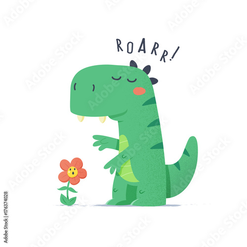 Ładny mały zielony potwór dinozaura próbuje przestraszyć kwiat wektor ilustracja kreskówka
