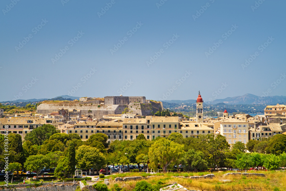 view to historic centre of kerkyra with new fortress, corfu island, greece view to historic centre of kerkyra with new fortress, corfu island, greece