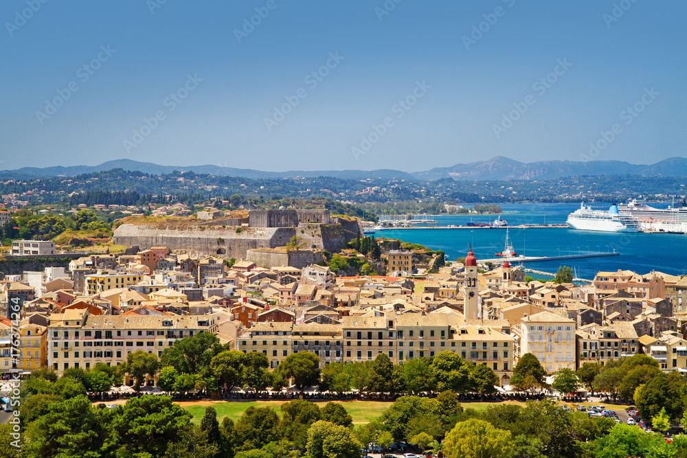 panorama of capital corfu town from old fortress, greece