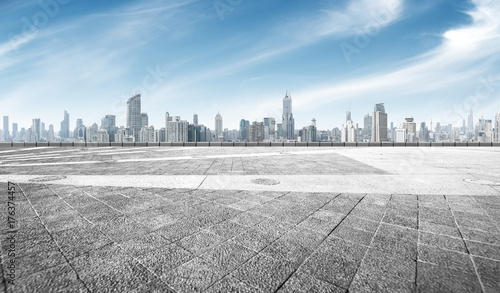 Photography empty marble floor with cityscape of shanghai