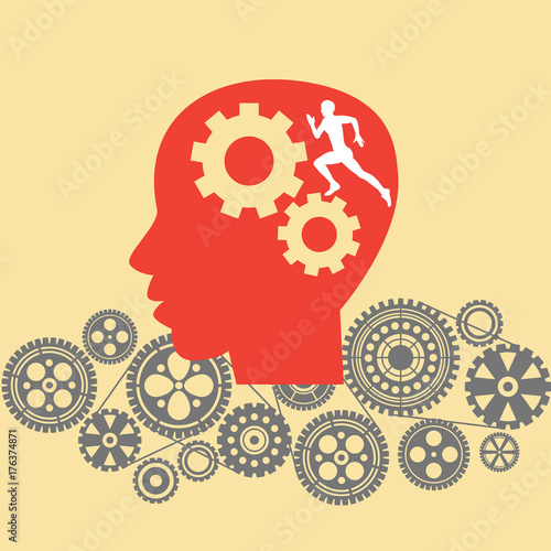 Human head with cogs and gears. Running human brain concept illustration vector. 