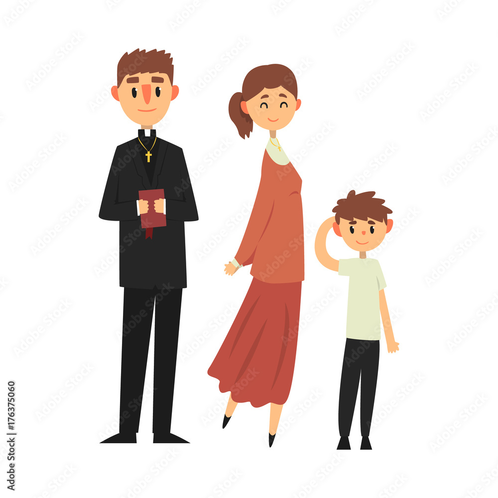 People of Catholic religion in traditional clothes, family of a Christian priest vector Illustration