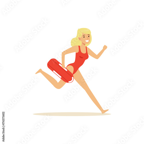 Female lifeguard in a red swimsuit running with life preserver buoy, rescuer professional vector Illustration