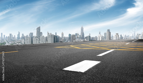 Photography empty asphalt road with cityscape of shanghai in blue sky