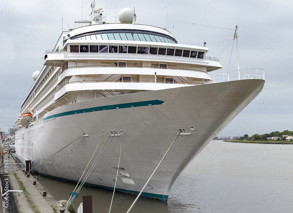 Cruise ship moored to a berth. View at front part of docked liner in port