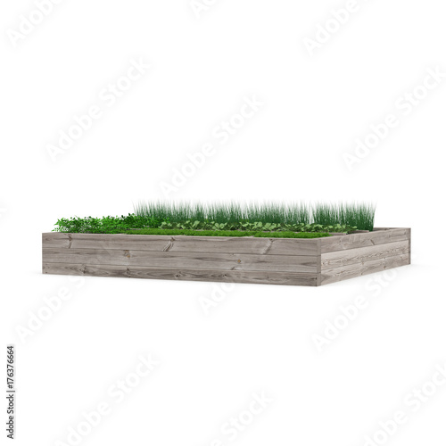 Vegetable garden with assortment vegetables and cold container on white. 3D illustration