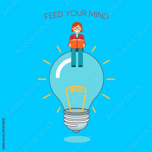 Business woman sitting on idea bulb reading a book. Feed your brain with knowledge. Big idea, motivation, balance, thoughtful, mindfulness, business concept illustration vector.