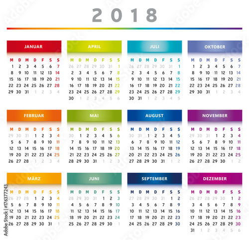 Calendrier 2018 en Allemand - Couleurs Arc-en-Ciel Format 4 Trimestres