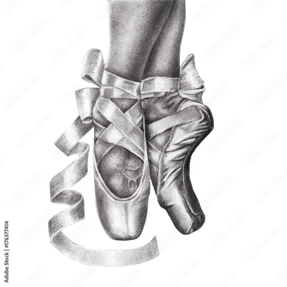 Hand drawn sketch. Feet in shoes of ballet class. Ballerina in pointe in a  pose on one leg. Illustration drawn with pencil in a realistic technique.  Stock Illustration | Adobe Stock
