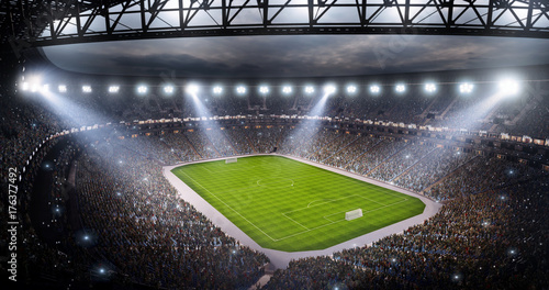 Professional soccer arena in 3D. Dramatic soccer stadium are full of fans. View from above.