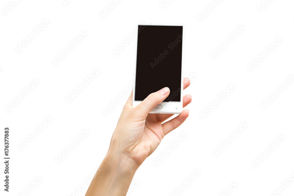 Mockup of female hand holding frameless cell phone with black screen isolated at white background. Mockup of female hand holding frameless cell phone with black screen isolated at white background.