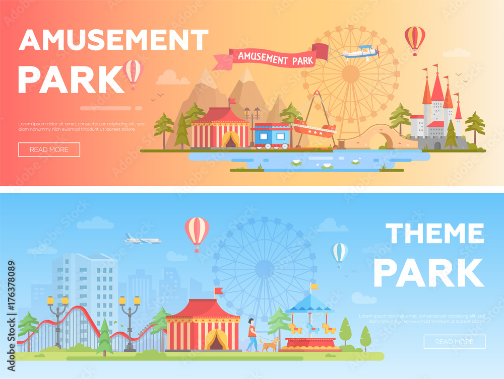 Amusement park - set of modern flat vector i llustrations