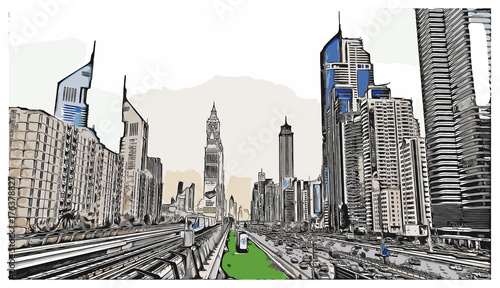 Vector illustration with sketch of Sheikh Zayed Road Dubai UAE