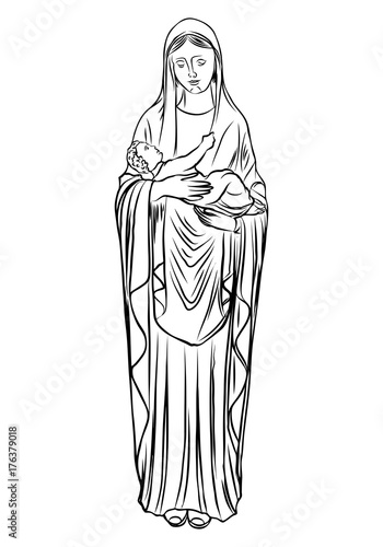 Mother Mary with Jesus Christ baby in her hands. Mother of God with a child. The Nativity or the Birth of the Blessed Jesus Christ. Blackwork adult flesh tattoo concept. Vector.