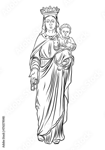 Christmas nativity scene of Virgin Mary holding baby Jesus, hand drawn sketch for Christmas holiday template. Saint Mary and holy baby religious holiday scene.Vector.