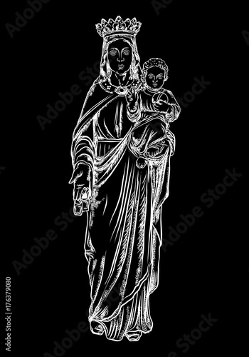 Saint Mary holding baby Jesus. Hand drawn Virgin Mary and Baby Jesus Christ nativity scene. Nativity Christmas graphics design elements. Blackwork adult flesh tattoo concept. Vector.